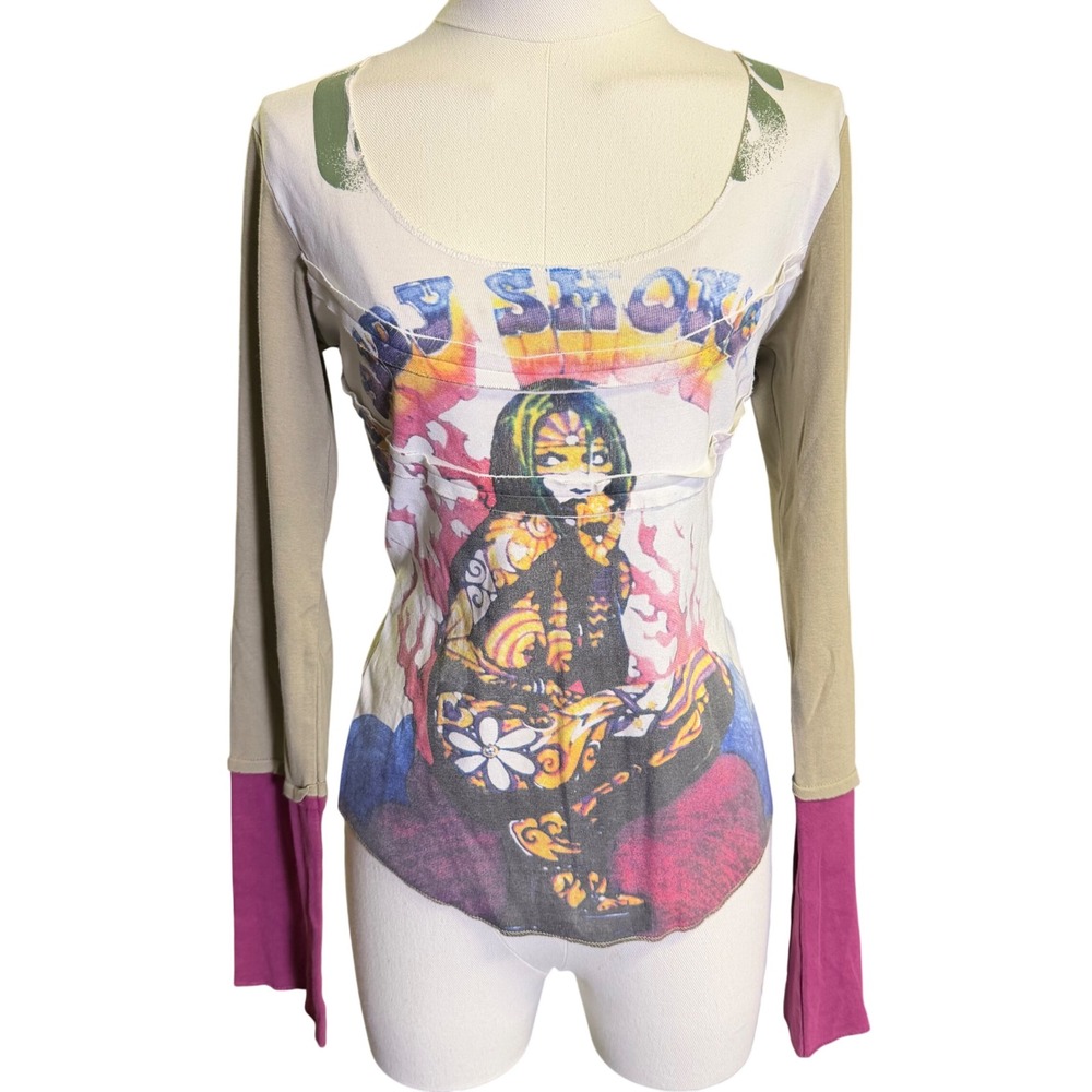 Guess Jeans Graphic Long Sleeve Top Womens Large Green Purple Good Y2K Boho